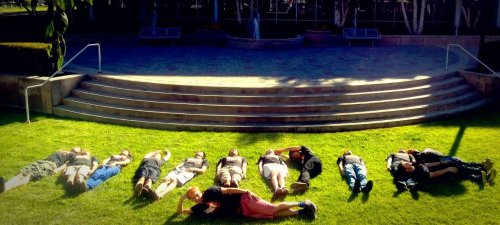 Interns spell out “NVIDIA” on the lawn.