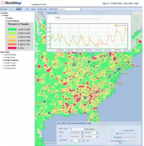Pointmap, Heatmap, and Time Graph showing flu outbreak in December 2012 in the American South.