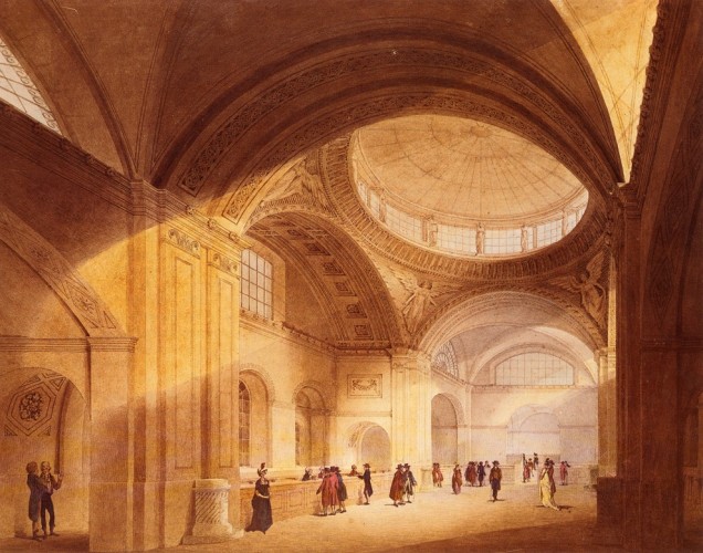 Soane 设计的英格兰银行:银行内统一国债转移处完成兴建时的景象，由 Joseph Michael Gandy 绘制，由 Antonio van Assen 加上人物 (1799)。图片提供: John Soane 爵士博物馆财产受托管理单