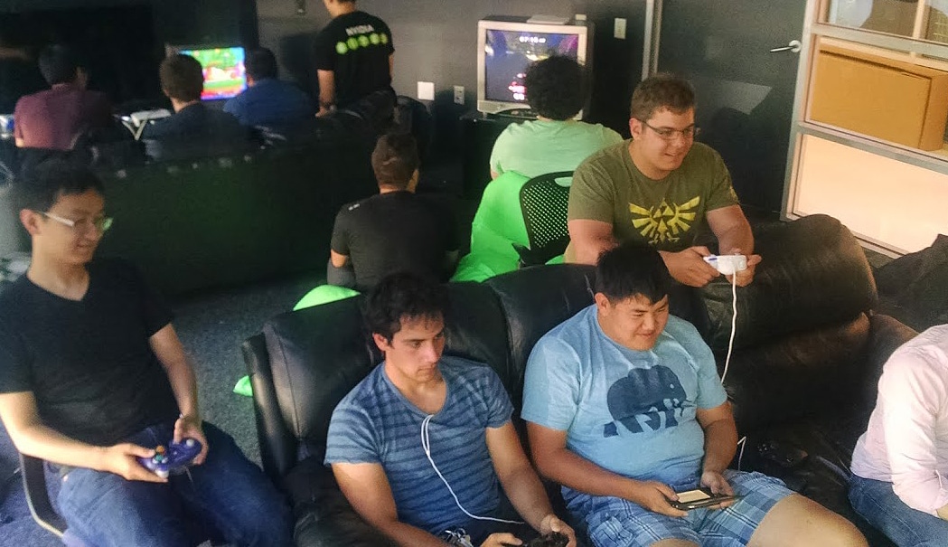 Where the action is: NVIDIA's Super Smash Bros club packs into our 'secret gaming room,' twice a week for raucous after-hours gaming sessions. 