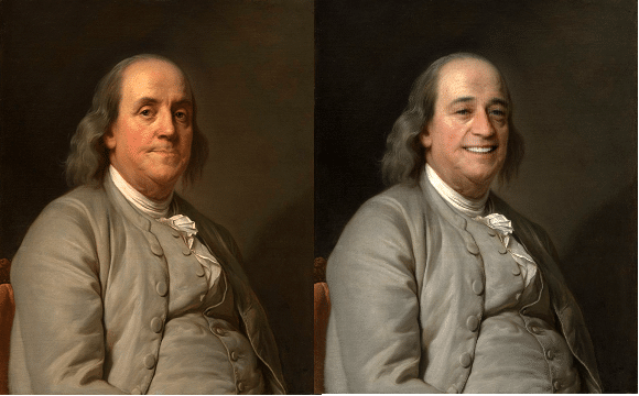 A serious-looking Benjamin Franklin cracks a smile in this portrait, thanks to the work of the AI smile bot.
