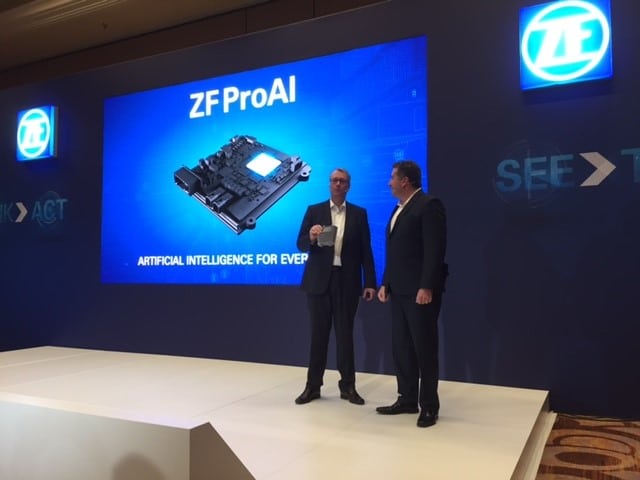 ZF’s CEO Stefan Sommer and NVIDIA VP of Automotive Rob Csongor on stage to announce ZF ProAI, at CES 2017.