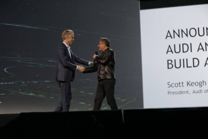 Scott Keogh, president of Audi of America, speaks with NVIDIA CEO at CES 2017