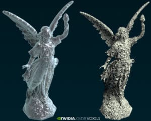 GVDB Voxels printed a 3D statue (L) of a complex image (R) with minimal materials and structural support.