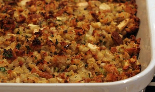 Pic2Recipe sometimes has a hard time detecting ingredients not evident in the photo, like the cornbread in this stuffing recipe.