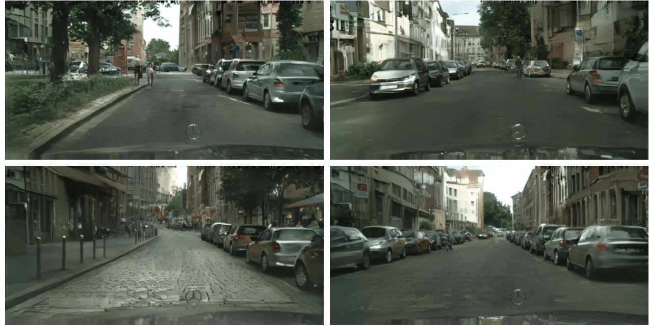 The NVIDIA researchers' AI-powered image synthesis technique makes it possible to change the look of a street simply by changing the semantic label.