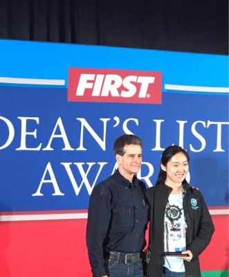 Dean Kamen presents Grace her Dean’s List award at FIRST Robotics Championship