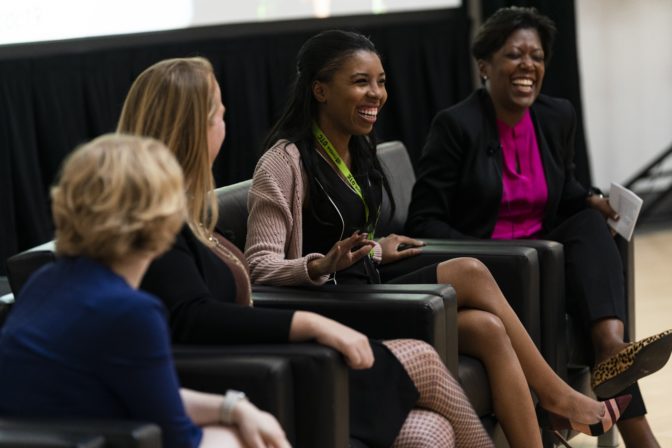 The Women in AI Breakfast featured an AI ethics panel, with speakers (from left) Svetlana Matt, Emily Tait, Megan Gray and Tiffany Moore.