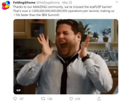 Folding@home celebrated breaking the exaflop barrier on Twitter.