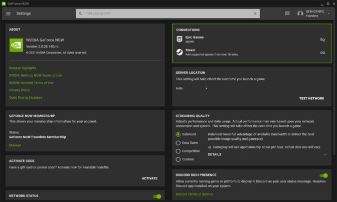 From the Settings pane in the GeForce NOW app, you can link your Epic Games Store account to take advantage of some new features.