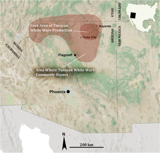 Map of SW United States area, showing approximate distribution of Tusayan White Ware. Based on Colton (1955).