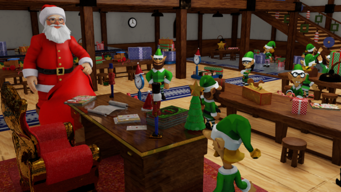 A rendering of the assembly room in Santa’s workshop, created with NVIDIA Omniverse.