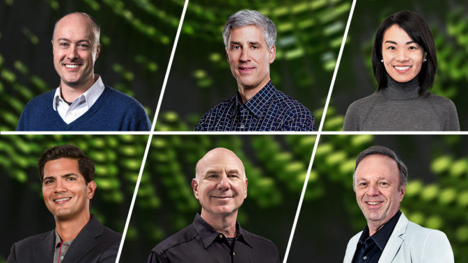 Clockwise, from top left: NVIDIA VP for Accelerated Computing Ian Buck, Senior VP for Hardware Engineering Brian Kelleher, Director of Product Management for Accelerated Computing Ying Yin Shih, CTO Michael Kagan, Senior VP for GeForce Jeff Fisher, VP of Embedded and Edge Computing Deepu Talla.
