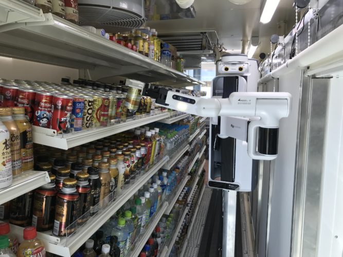 Telexistence robot restocks beverages at a Family Mart store