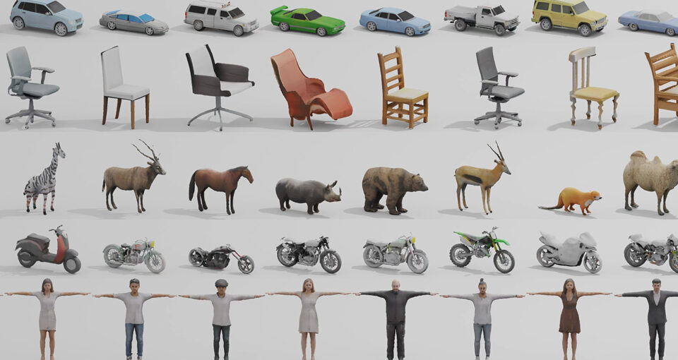 3d cars, chairs, animals, motorbikes, and characters generated by NVIDIA GET3D