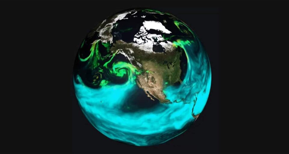 image of the Earth overlaid with climate AI visualization