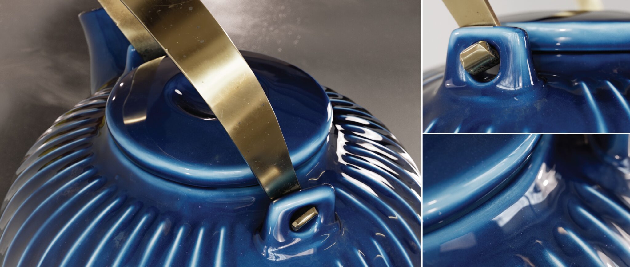 Rendered close-up images of a ceramic blue teapot with gold handle