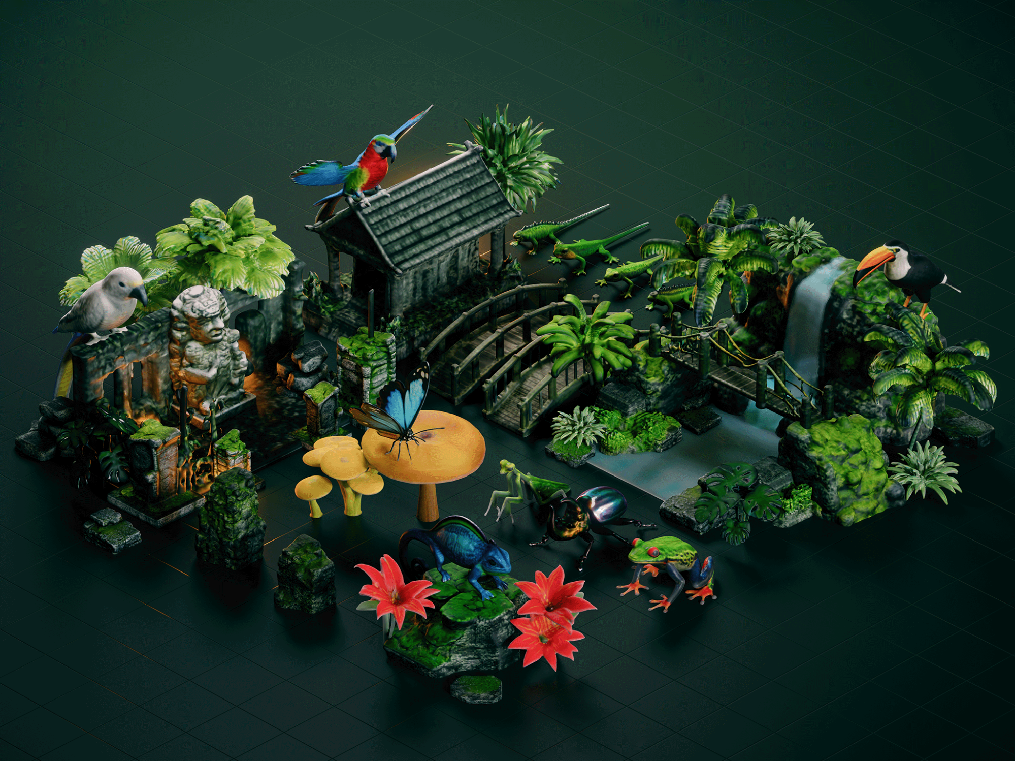 3d generated rainforest flora and fauna 