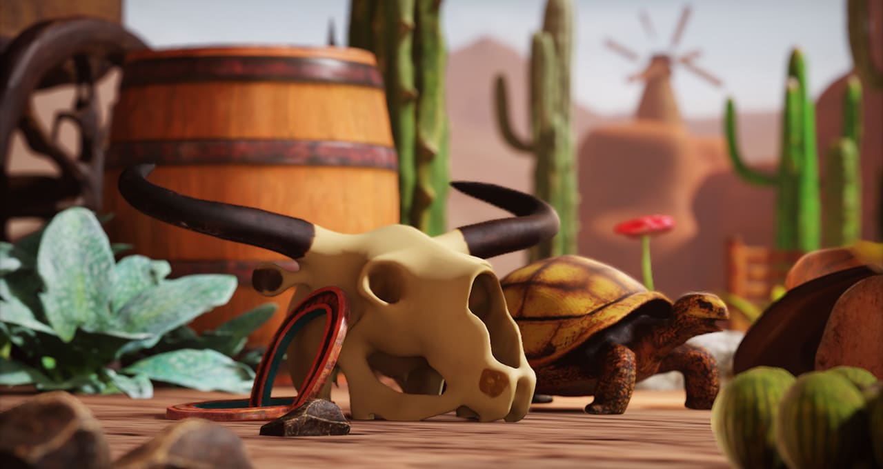 AI-generated 3D scene with tortoise, horseshoe, bull skull, cacti, and barrels