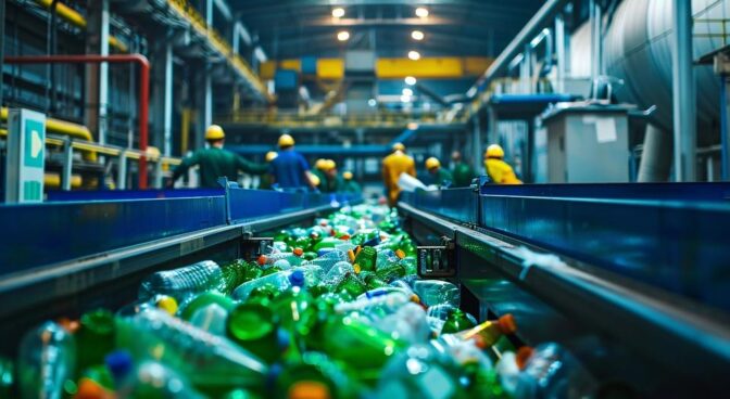 A conveyor belt filled with plastic bottles flowing through a recycling facility. AI-generated image.