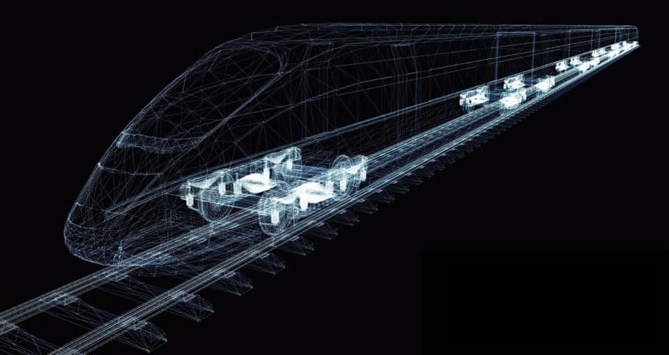 sketch of Hitachi Rail HMAX train on black background