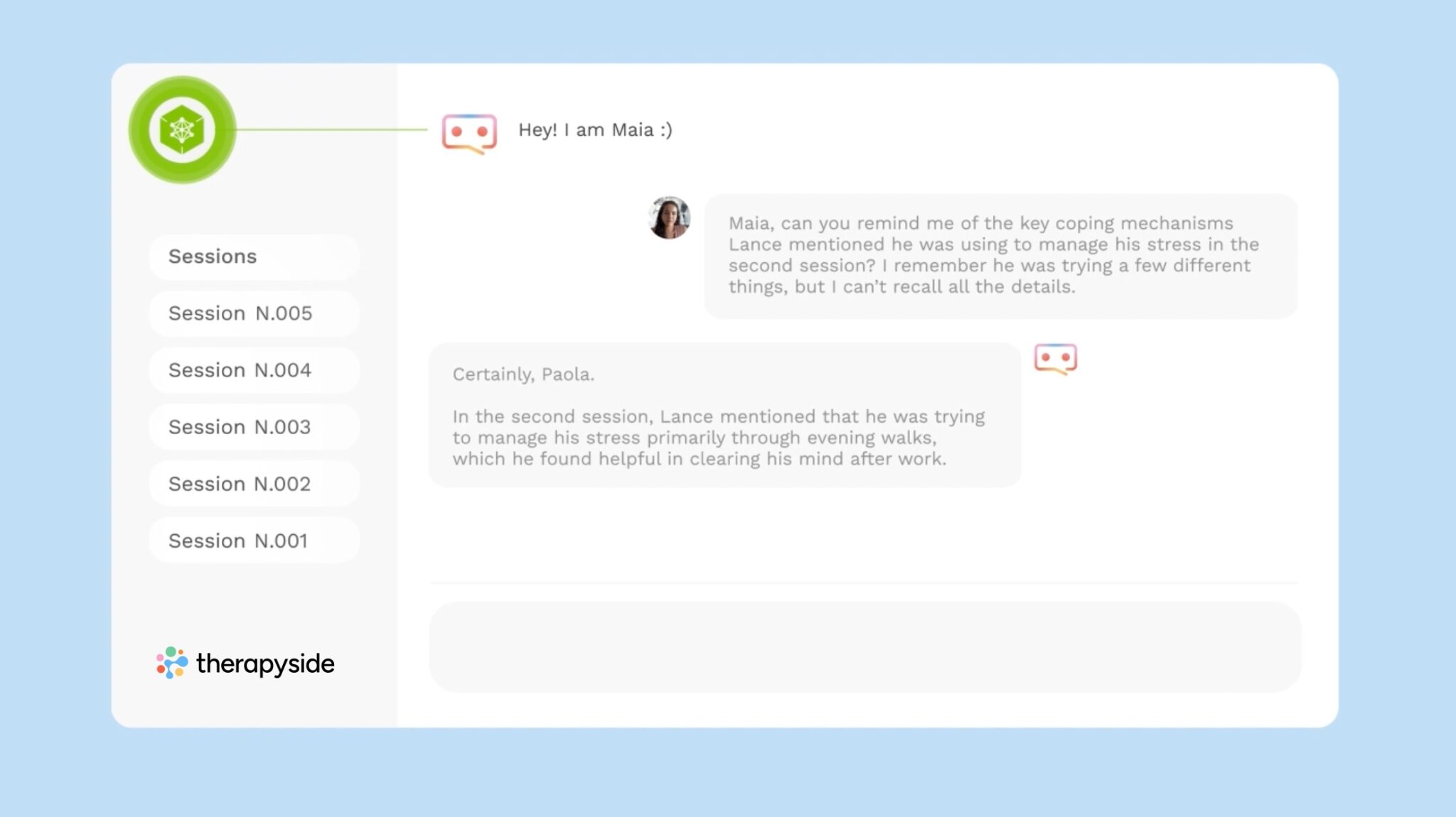 Screen capture of a therapist Q&A with the Maia virtual assistant