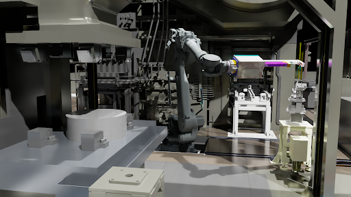 Digital representation of robotic arm moving inside an assembly structure