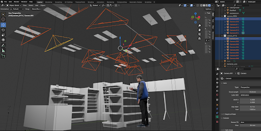 Digital retail store with person walking down aisle, above simulated sensor captures can be visualized.