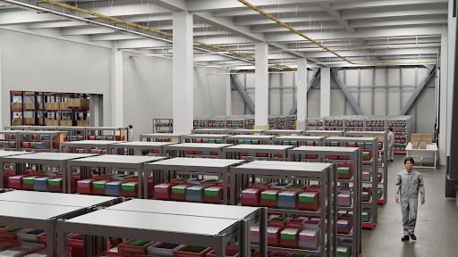  Digital twin design of a manufacturing plant where a number of bins are stored on shelving.