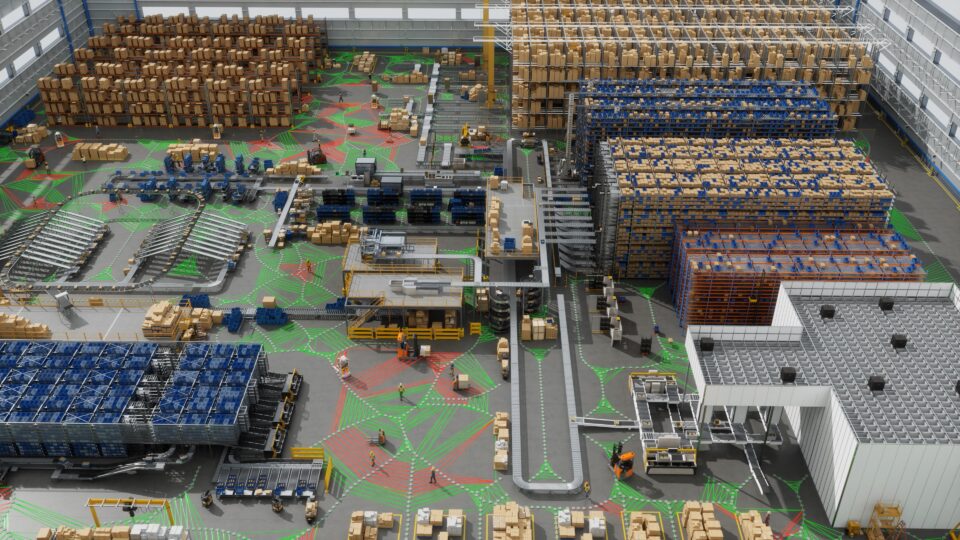 Virtual facility with people, machinery and robots all moving around the facility floor. Digital representations of the pathways and sensor inputs can be visualized with colorful arrays.