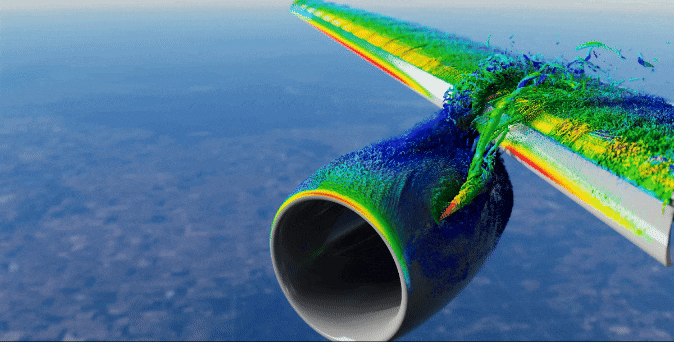 Computational fluid dynamics simulation on the wing and engine of an airplane