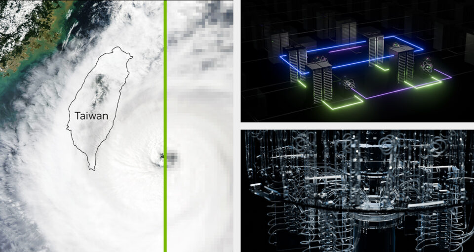 three-panel image showing climate research and quantum computing research