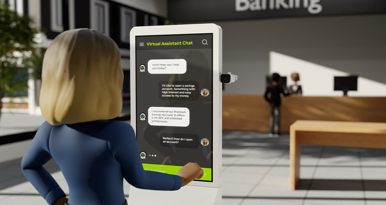 Using a large screen, a woman chats with a virtual assistant to open a savings account.