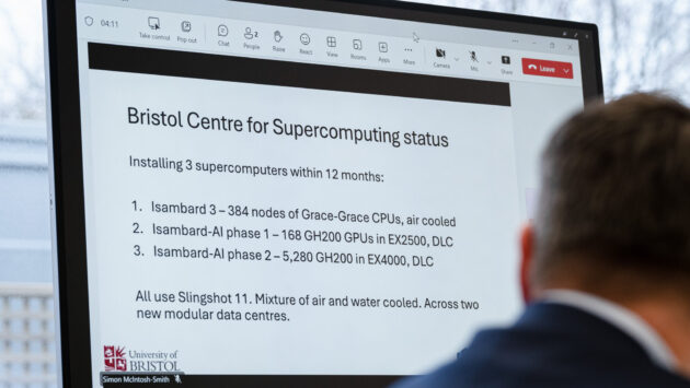 A glimpse into the project’s strategic planning, showing a screen outlining the ambitious goal of installing multiple supercomputers, including Isambard-AI’s phases, within 12 months.