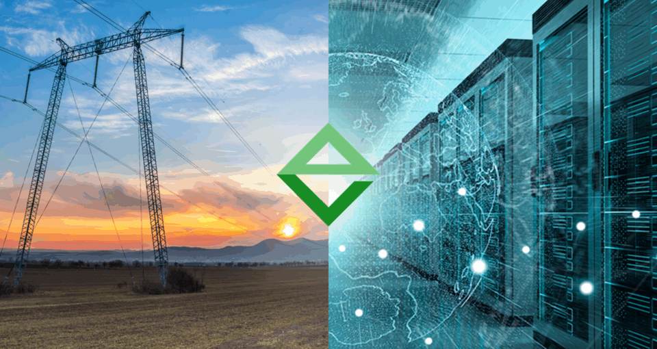 Images of the electricity grid and a data center, with the logo of Emerald AI in between.