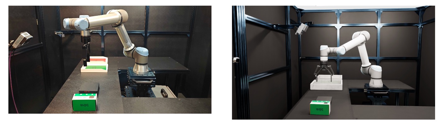 The robot is trained purely on synthetic data and can pick up packages and products of different shapes and sizes to perform cosmetic inspection. Real station (left) and simulated station (right). Image courtesy of Amazon Devices & Services.