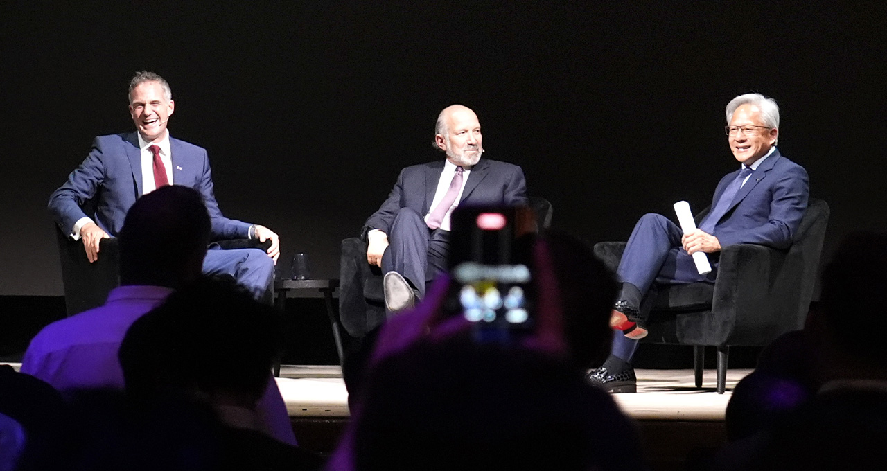 Panel with U.K. Secretary of State for Business and Trade Peter Kyle, U.S. Secretary of Commerce Howard Lutnick and NVIDIA founder and CEO Jensen Huang.