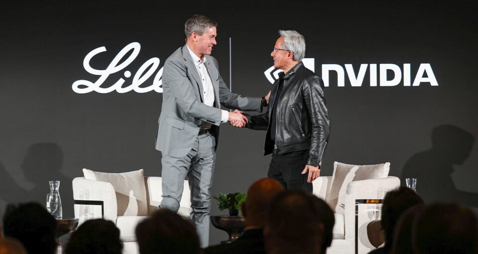 Lilly CEO Dave Ricks shaking hands with NVIDIA CEO Jensen Huang
