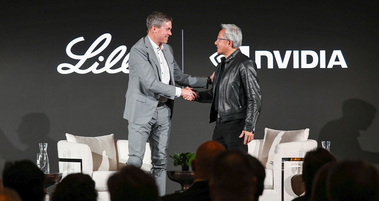 Lilly CEO Dave Ricks shaking hands with NVIDIA CEO Jensen Huang