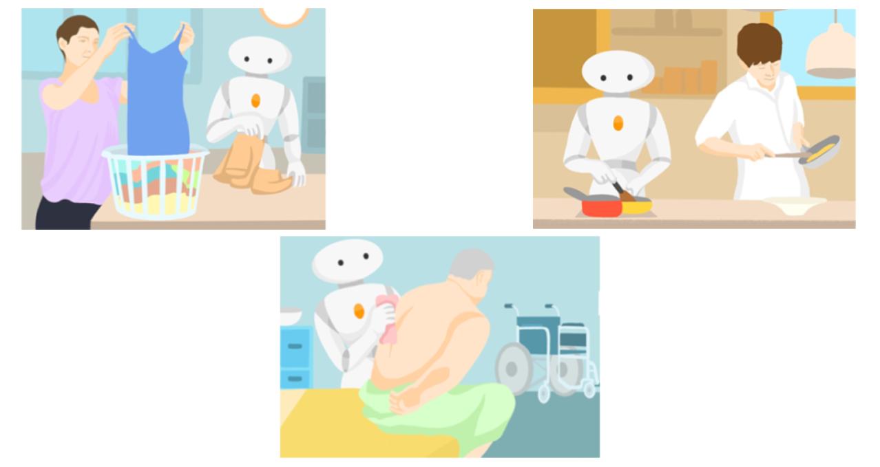 Three illustrations of Moonshot robots performing caregiving activities including folding laundry, cooking food and washing a patient.
