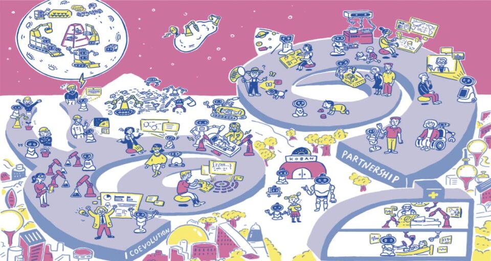 An illustration of Moonshot robots being deployed to all areas of society.