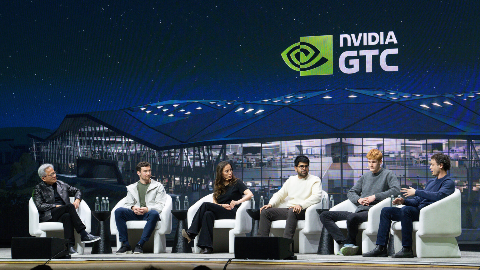Panelists seated from left to right: NVIDIA founder and CEO Jensen Huang, LangChain cofounder and CEO Harrison Chase, Thinking Machines Lab founder and CEO Mira Murati, Perplexity CEO and cofounder Aravind Srinivas, Cursor CEO and cofounder Michael Truell, and Reflection AI cofounder and CEO Misha Laskin.