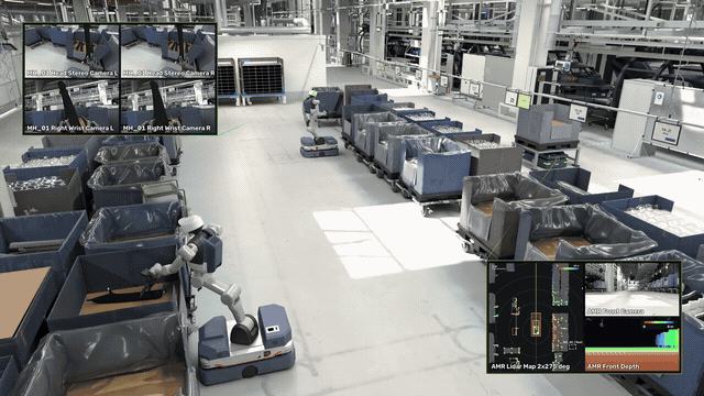Sensor simulation of a mobile robot navigating a virtual factory, with inset displays showing simulated camera feeds and sensor data.