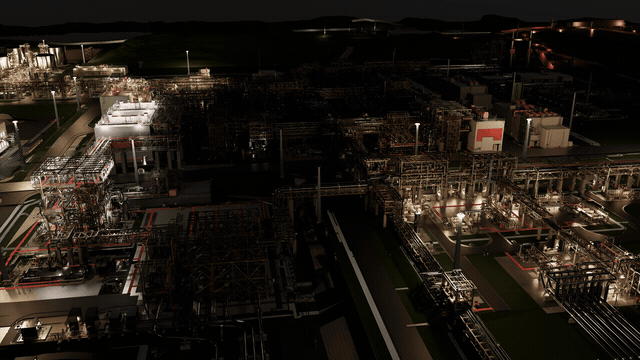 Animated night flyover of a real-time simulation of an industrial facility, generated automatically from its engineering CAD. Every light is grounded in real engineering data and physically simulated.