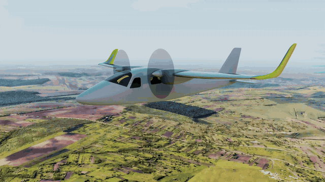 Animated airflow simulation around a twin-propeller aircraft above mountainous terrain, with blue and orange streamlines tracing air movement around its wings and fuselage.